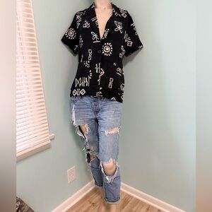 🖤Vintage 80s 90s Funky Resort Wear Whimsigoth Black & White Button Down Shirt